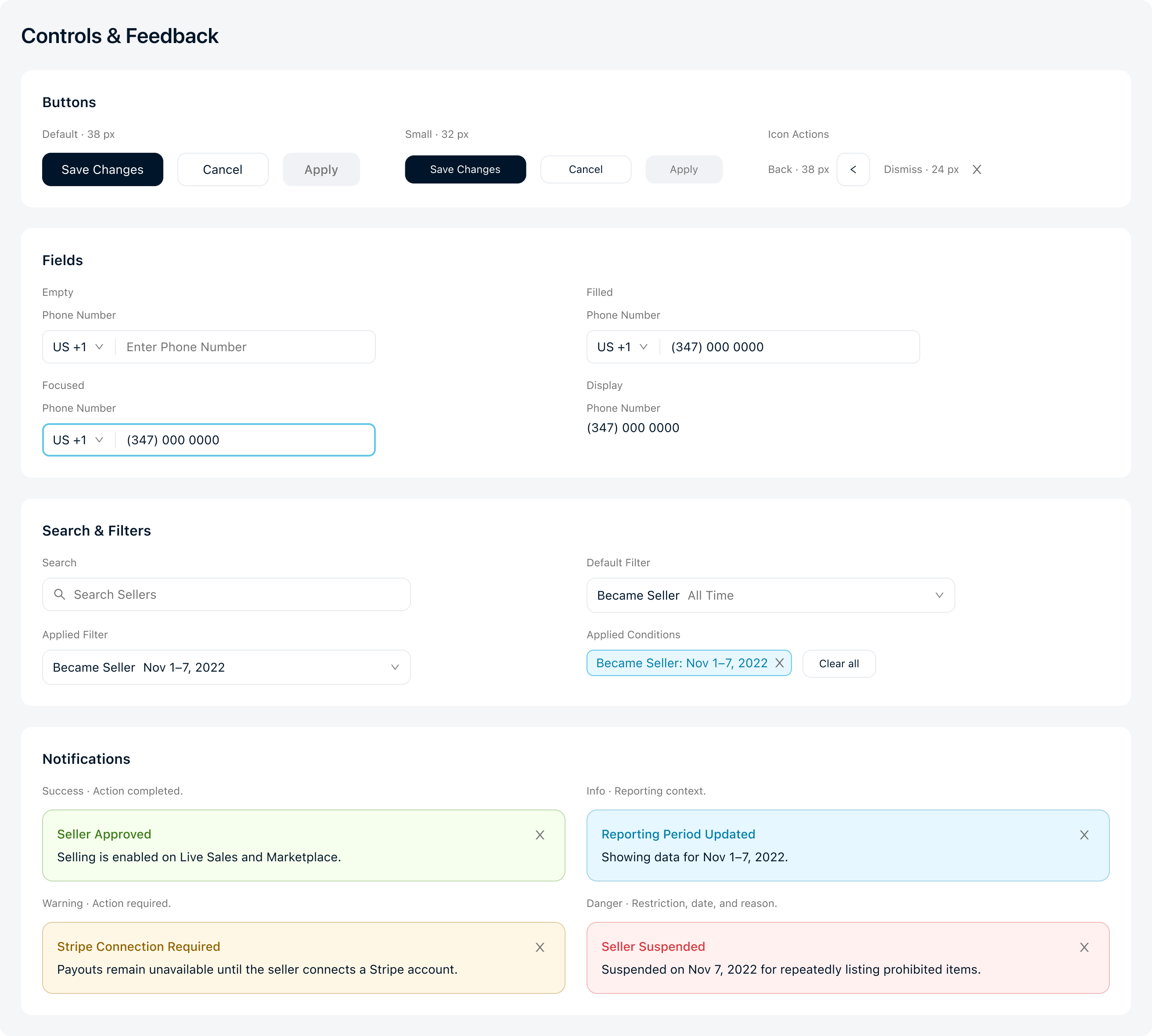 ADB controls and feedback: buttons, field states, search, filters and four notification tones