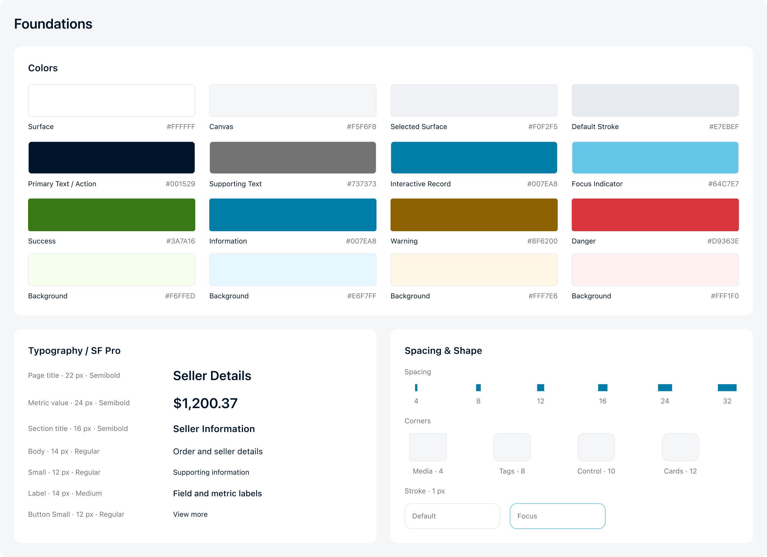 ADB Design System foundations: paired semantic colors, SF Pro typography, spacing, corners and strokes