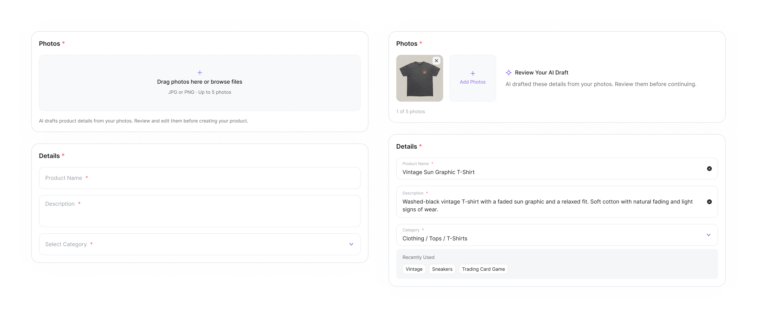 AI-Assisted Listing: empty product details beside an uploaded photo and editable AI draft