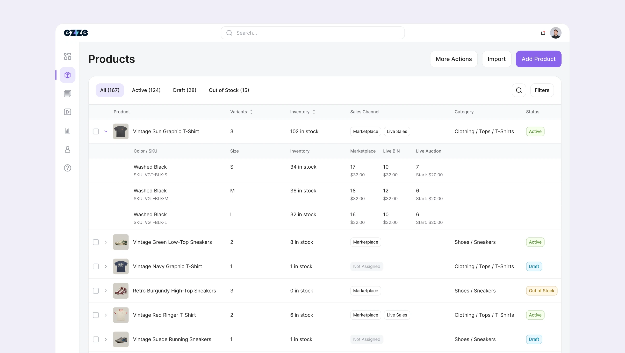 Seller Dashboard Products list with expanded variants, shared inventory, and sales channels