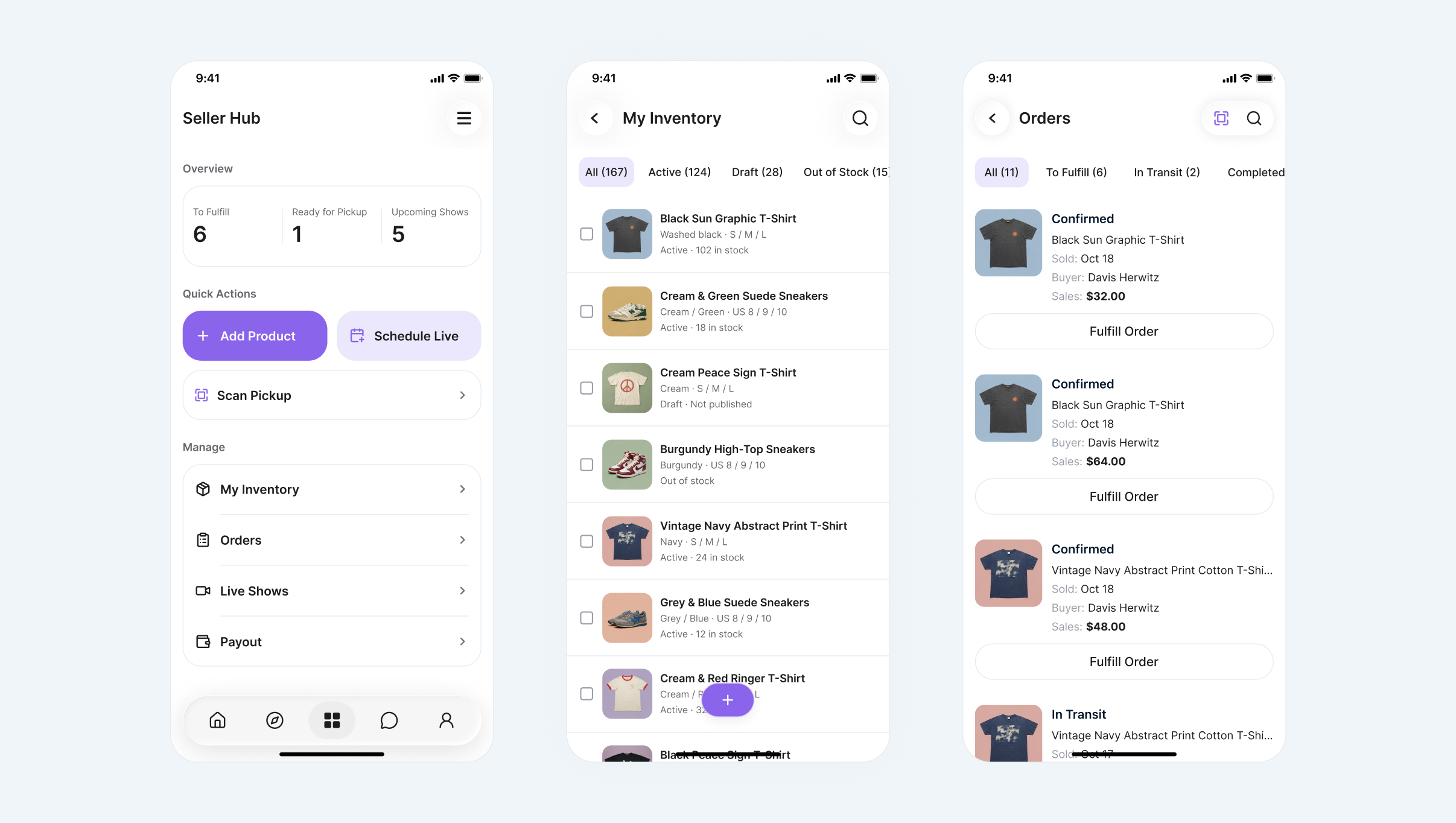 Seller Hub home, inventory and orders mobile screens