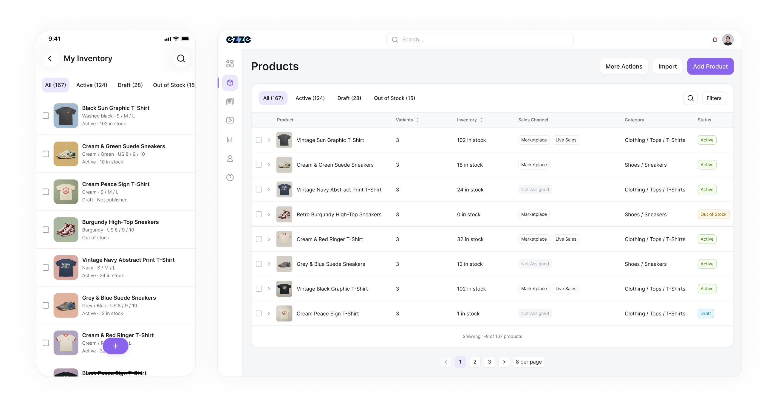 Seller Hub mobile inventory alongside Seller Dashboard web inventory